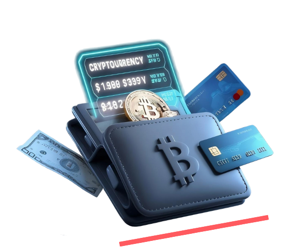 محفظة عملات رقمية مع بطاقات ائتمان وشاشة تعرض أسعار بيتكوين